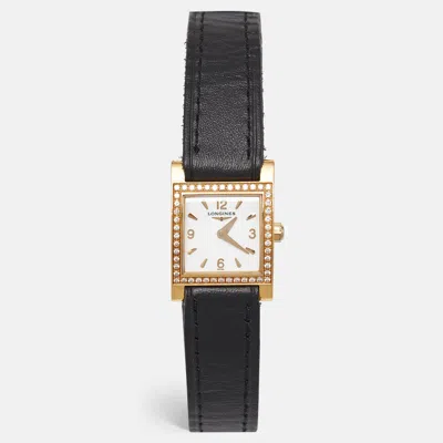 Pre-owned Longines White 18k Yellow Gold Diamond Leather Dolcevita L5.166.7.16.2 Women's Wristwatch 21 Mm