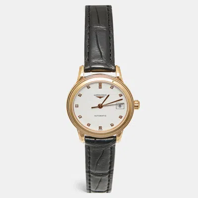 Pre-owned Longines White Diamonds 18k Rose Gold Alligator Flagship L4.274.8.27.2 Women's Wristwatch 26 Mm