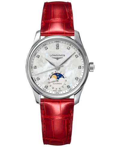 LONGINES WOMEN'S SWISS AUTOMATIC MASTER DIAMOND (1/20 CT. T.W.) RED LEATHER STRAP WATCH 34MM