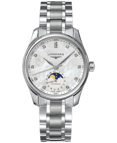 Longines Women's Swiss Automatic Master Moonphase Diamond (1/20 Ct. T.w.) Stainless Steel Bracelet Watch 34mm In Silver