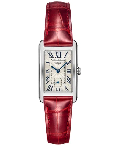 Longines Women's Swiss Dolcevita Red Leather Strap Watch 23x37mm In Silver