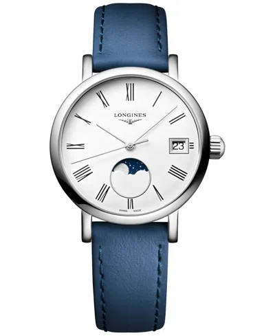 Longines Women's Swiss Elegant Moonphase Blue Leather Strap Watch 30mm In No Color