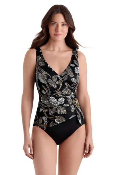 Longitude Buckle Shirred Surplice Long Torso One-piece Swimsuit In Black