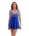 Longitude Draped Crossover Long Torso Swim Dress In Blue
