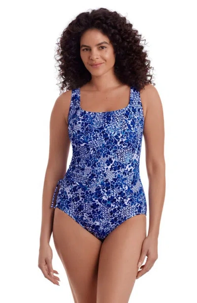Longitude Faux Shirred Tie Tank Long Torso One-piece Swimsuit In Blue