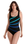 Longitude Folded Band Fan Tank Long Torso One-piece Swimsuit In Blue