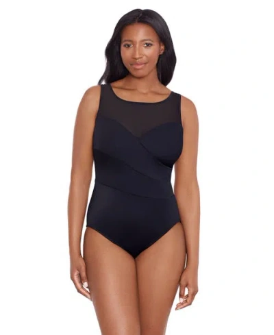 Longitude Mesh Highneck Long Torso One-piece Swimsuit In Black