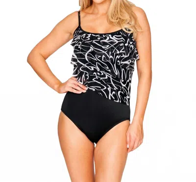 Longitude Noon Tide Mesh Six Tier One Piece Swimsuit In Lgt Black And White