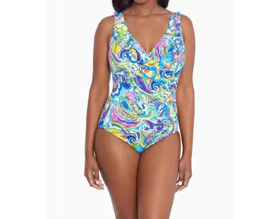 Longitude Ruffle Front Long Torso One Piece In Paisley Seas Multi