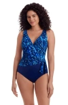 Longitude Ruffle Front Sash Surplice Long Torso One-piece Swimsuit In Blue