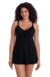 Longitude Ruffle Long Torso Swim Dress In Black