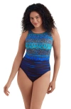 Longitude Scoopback Highneck High Leg Long Torso One-piece Swimsuit In Blue