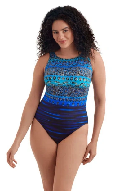 Longitude Scoopback Highneck High Leg Long Torso One-piece Swimsuit In Blue