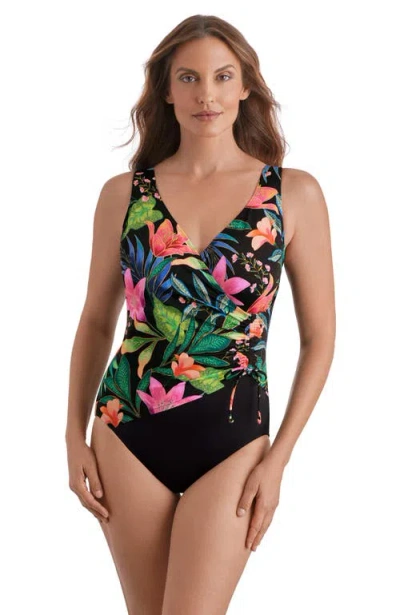 Longitude Shirred Faux Tie Surplice Extra Long Torso One-piece Swimsuit In Multi