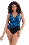 Longitude Shirred Faux Tie Surplice Long Torso One-piece Swimsuit In Multi