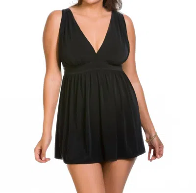 Longitude Shirring Chic Plus Goddess Swimdress In Lgt Black In Blue