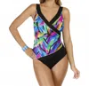 Longitude Spliced Surplice One Piece Swimsuit In Wipe Out In Blue