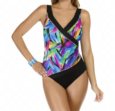 Longitude Spliced Surplice One Piece Swimsuit In Wipe Out In Blue