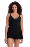 Longitude Twist Front Long Torso Swim Dress In Black