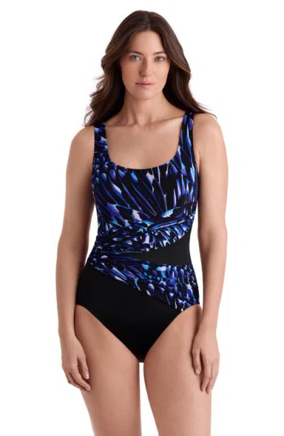 Longitude Wrap Sash Tank Long Torso One-piece Swimsuit In Blue