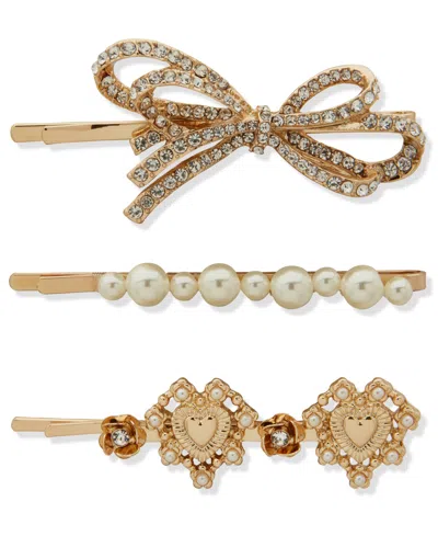 Lonna & Lilly 3-pc. Imitation Pearl Gold-tone Bow Heart Bobby Pin Set In Brown