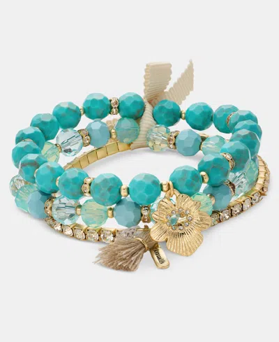Lonna & Lilly 3-pc. Set Flower Charm Beaded Stretch Bracelets In Blue