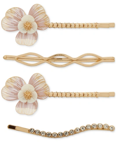 Lonna & Lilly 4-pc. Gold-tone Pave & Openwork Flower Bobby Pin Set In Pink