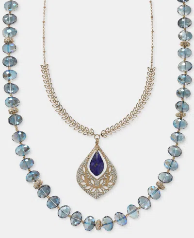 Lonna & Lilly Crystal Stone Two Row Pendant Necklace, 23" & 32" + 3" Extender In Blue