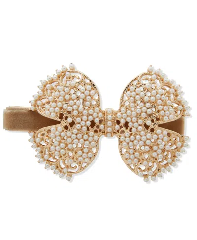Lonna & Lilly Cubic Zirconia And Cultivated Pearl Bow Barrette In Gold
