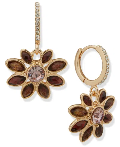 Lonna & Lilly Cubic Zirconia And Glass Stone Gold-tone Flower Pave Drop Hoop Earrings