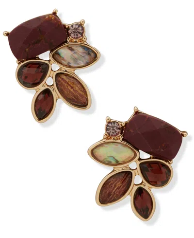 Lonna & Lilly Cubic Zirconia And Recon Stone Gold-tone Cluster Stud Earrings In Burgundy