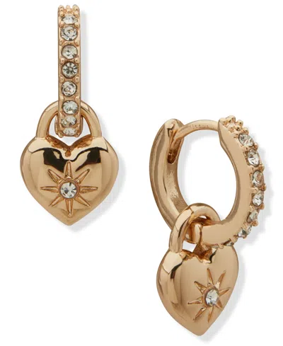 Lonna & Lilly Glass Crystal Gold-tone Heart Drop Pave Hoop Earrings