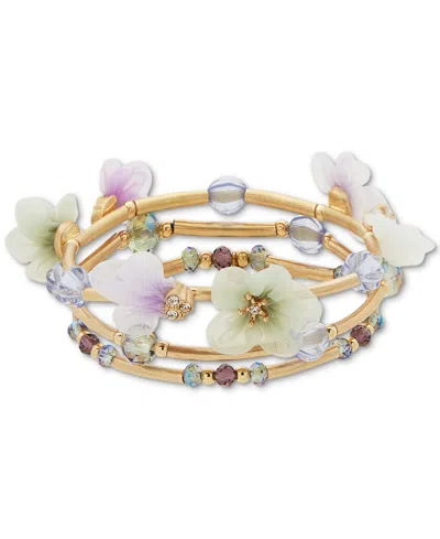 Lonna & Lilly Gold-tone 3-pc. Set Pave & Ribbon Flower Beaded Stretch Bracelets In Multi