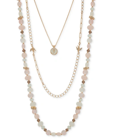 Lonna & Lilly Gold-tone Bead & Framed Flower Layered Necklace, 16" + 3" Extender In Blush
