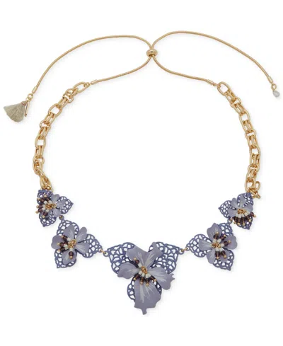 Lonna & Lilly Gold-tone Beaded 3d Openwork Flower 16" Adjustable Statement Necklace In Purple