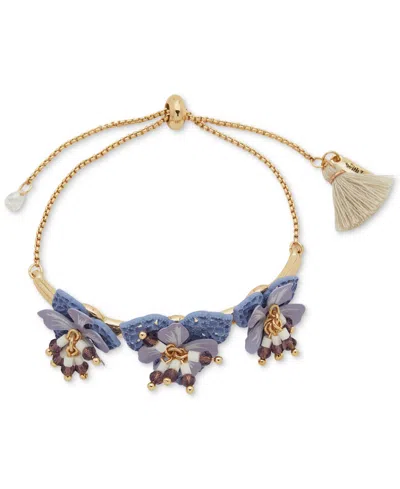 Lonna & Lilly Gold-tone Beaded 3d Openwork Flower Slider Bracelet In Purple