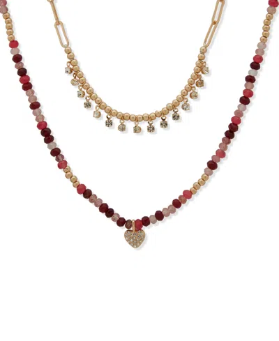Lonna & Lilly Gold-tone Burgundy Two Row Beaded Heart Necklace