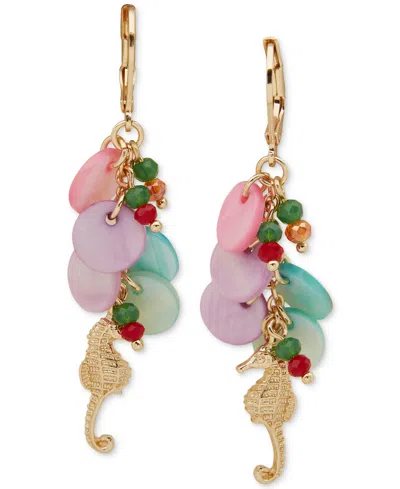 Lonna & Lilly Gold-tone Mixed Bead & Disc Pave Sea-motif Charm Linear Drop Earrings In Multi