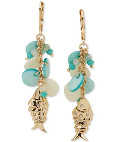 Lonna & Lilly Gold-tone Mixed Bead & Disc Pave Sea-motif Charm Linear Drop Earrings In Turquoise