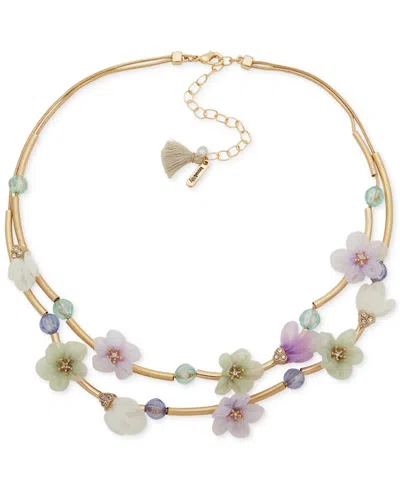 Lonna & Lilly Gold-tone Pave & Ribbon Flower Beaded Layered Necklace, 16" + 3" Extender In Multi
