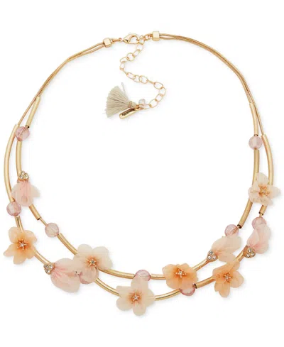 Lonna & Lilly Gold-tone Pave & Ribbon Flower Beaded Layered Necklace, 16" + 3" Extender In Orange