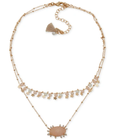 Lonna & Lilly Gold-tone Pave, Stone & Shaky Bead Layered Pendant Necklace, 16" + 3" Extender In Blush
