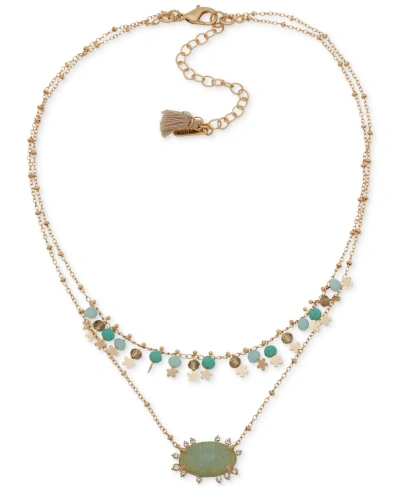 Lonna & Lilly Gold-tone Pave, Stone & Shaky Bead Layered Pendant Necklace, 16" + 3" Extender In Green