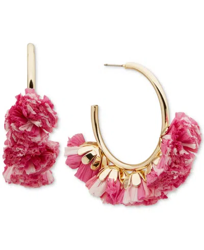 Lonna & Lilly Gold-tone Raffia Pom Pom Charm C-hoop Earrings In Turquoise