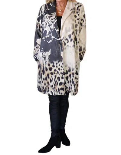 Look Mode Usa Faux Suede Leopard And Flower Print Long Jacket In Tan/black In Multi