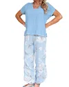 Look Mode Usa Floral Linen Pants With Ruffle Detailed Leg In Dusty Blue