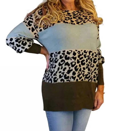 Look Mode Usa Leopard Print Colorblock Sweater In Green In Multi