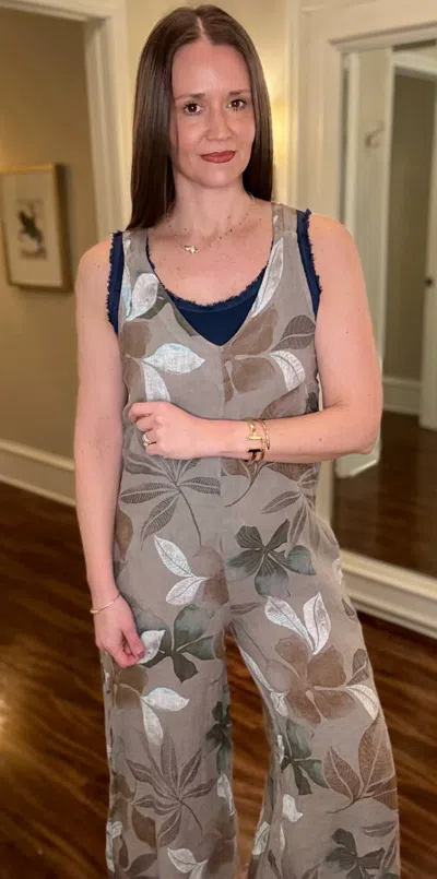 Look Mode Usa Linen Printed Romper In Khaki In Brown