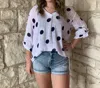 LOOK MODE USA POLKA DOT PRINT V- NECK TOP IN WHITE/NAVY