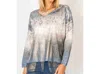 LOOK MODE USA SHIMMER V NECK CHEETAH PRINT SWEATER IN BLUE